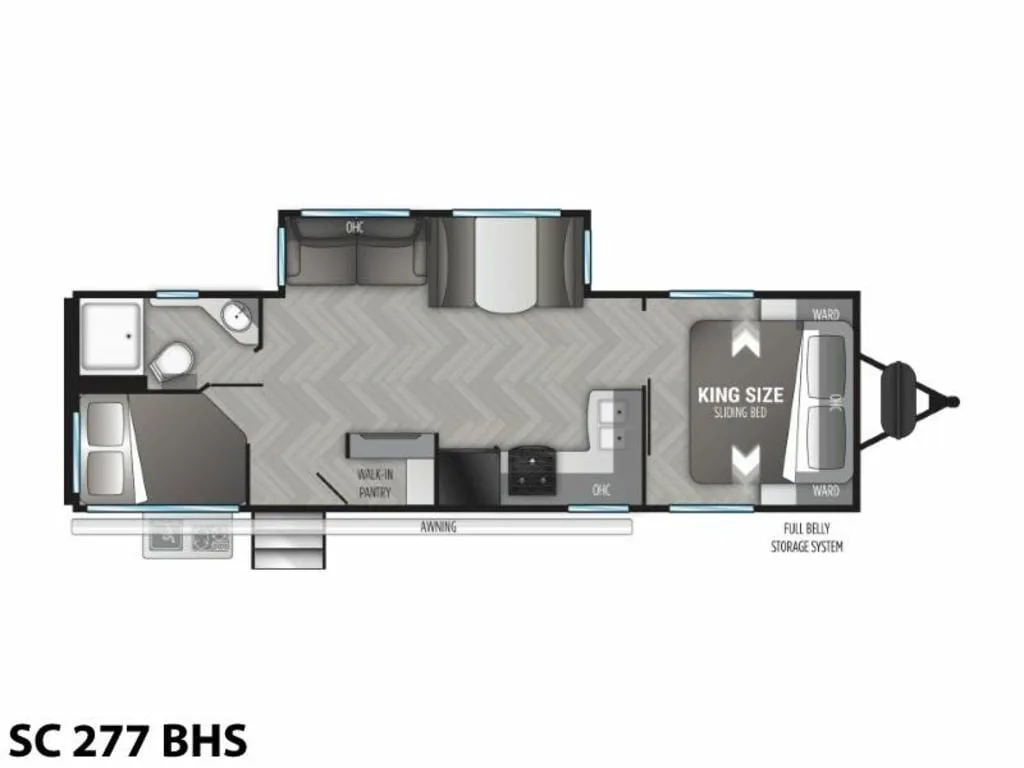 Floor plan of the RV with dinette, living area, kitchen, bathroom and bedroom.