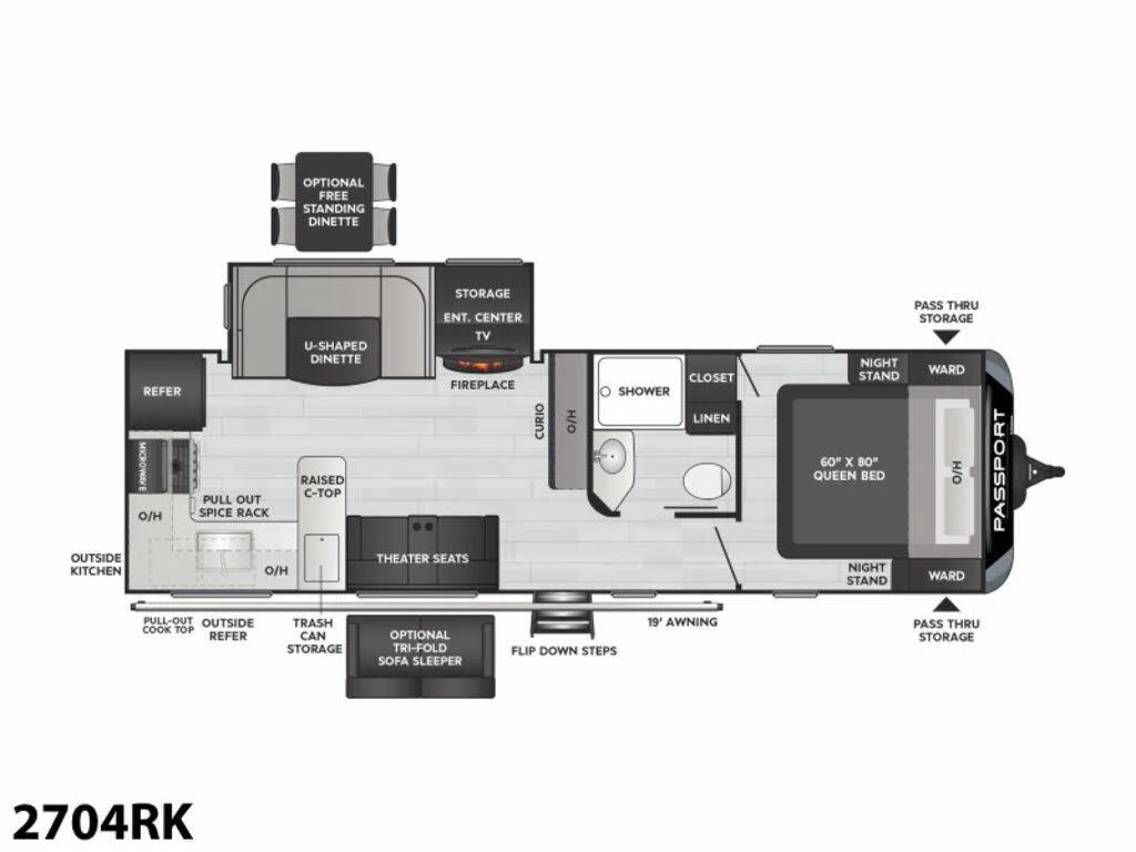 Floor plan of the RV with dinette, living area, kitchen, bathroom and bedroom.