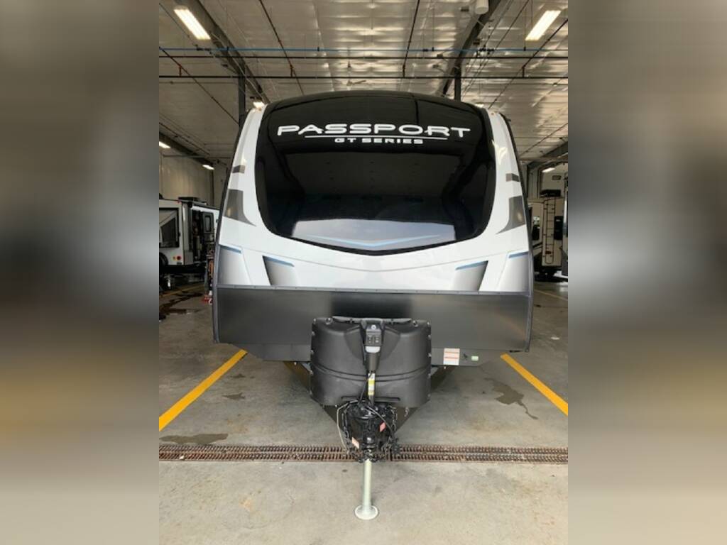 Front view of the New 2023 Keystone Rv Passport GT 2704RK Travel Trailer RV.