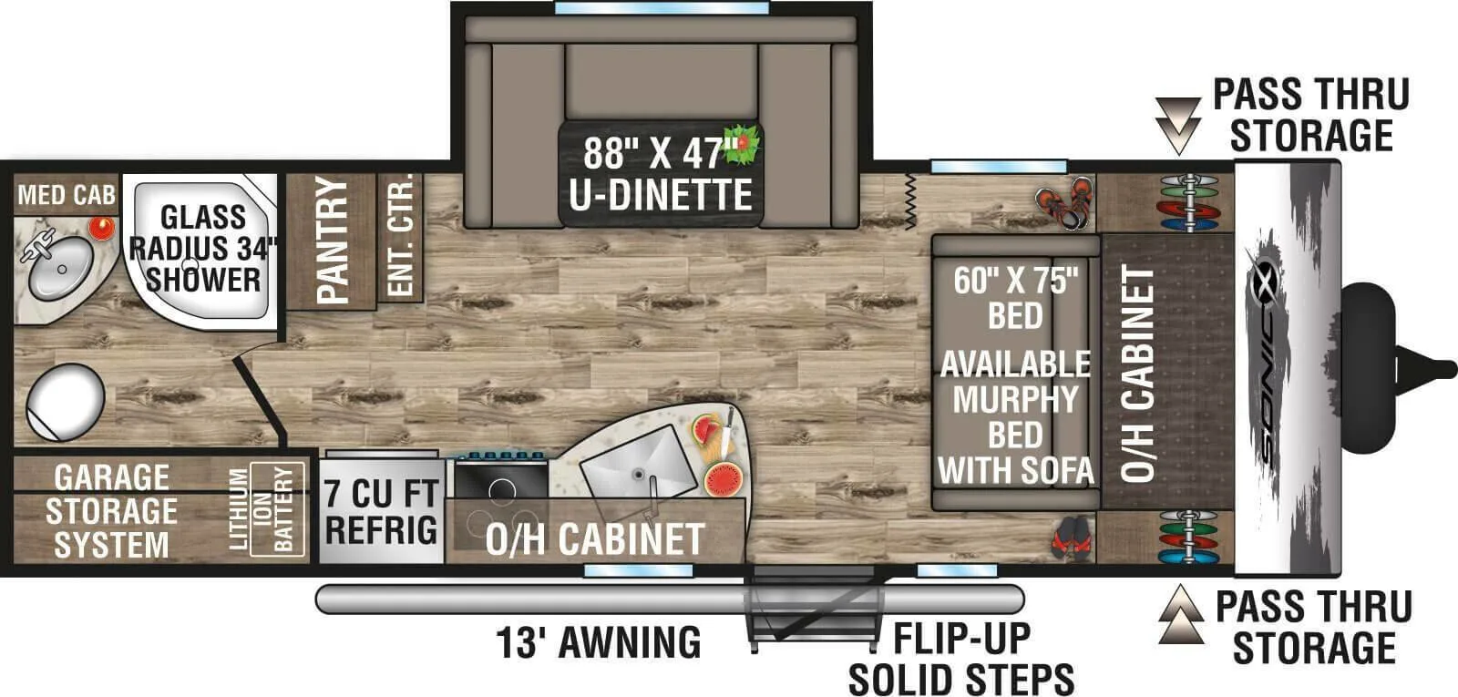 Floor plan of the RV with dinette, living area, kitchen, bathroom and bedroom.