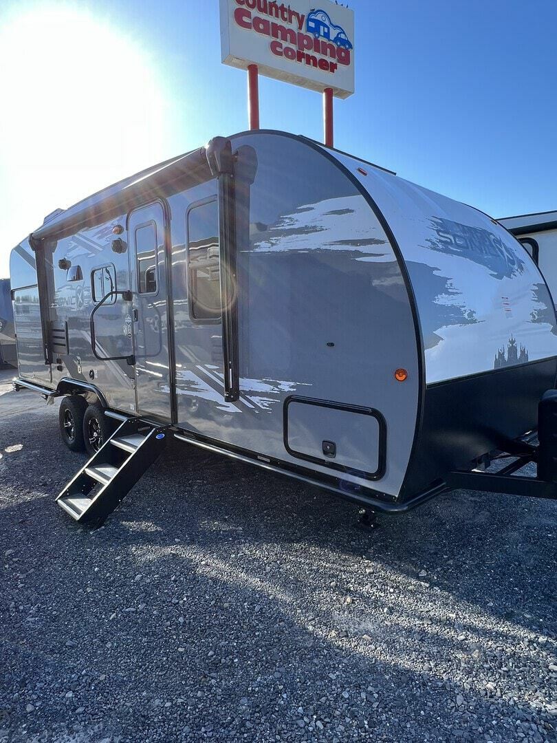 Front view of the New 2023 Venture Rv Sonic X 220VRBX Travel Trailer RV.