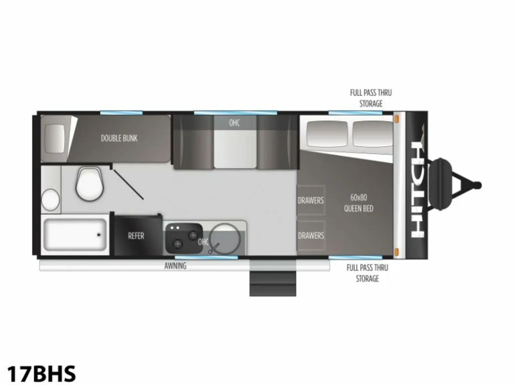 Floor plan of the RV with dinette, living area, kitchen, bathroom and bedroom.