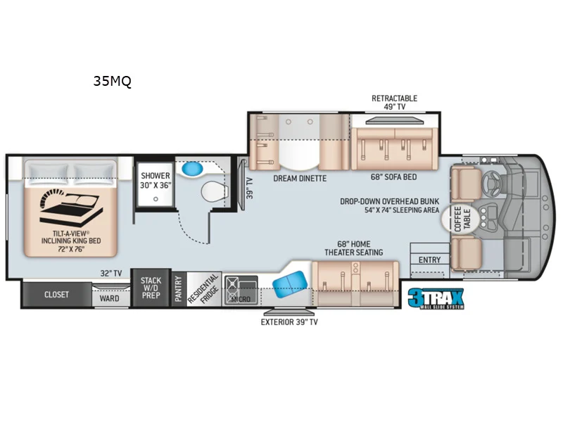 Floor plan of the RV with dinette, living area, kitchen, bathroom and bedroom.