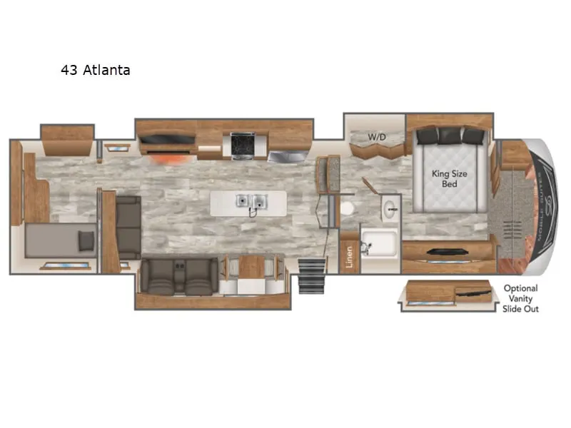 Floor plan of the RV with dinette, living area, kitchen, bathroom and bedroom.