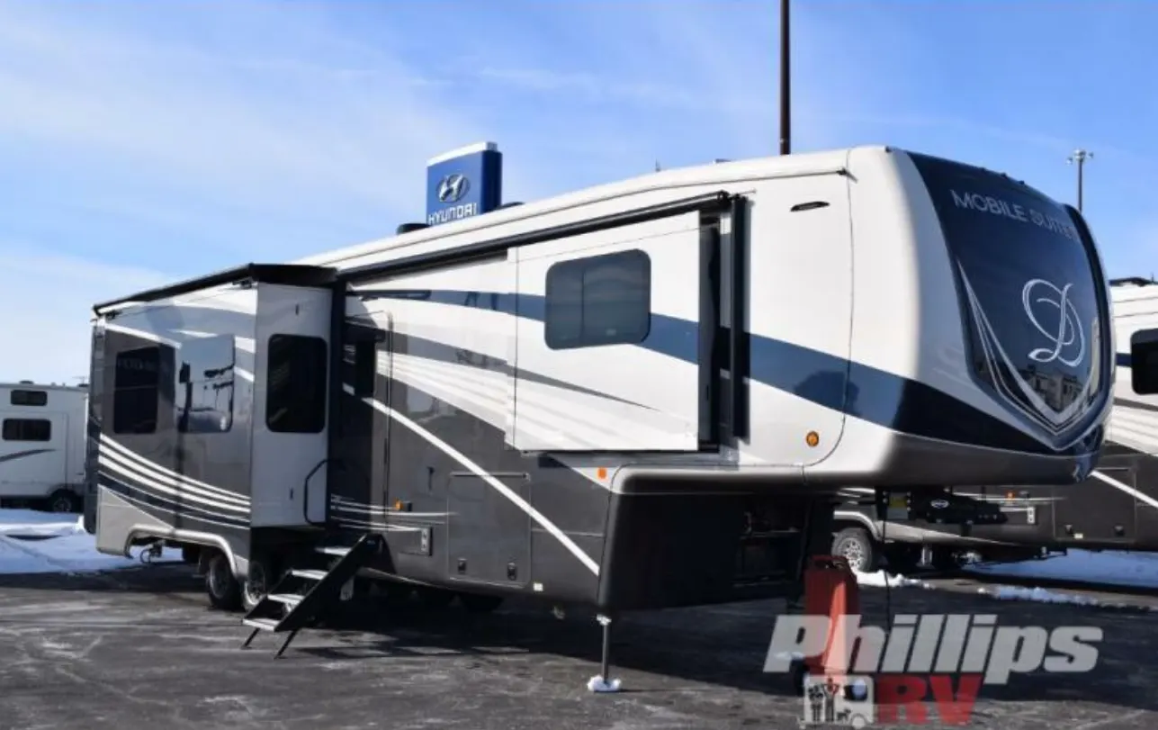 Side view of the New 2022 DRV Luxury Suites Mobile Suites 43 Atlanta Fifth Wheel RV.