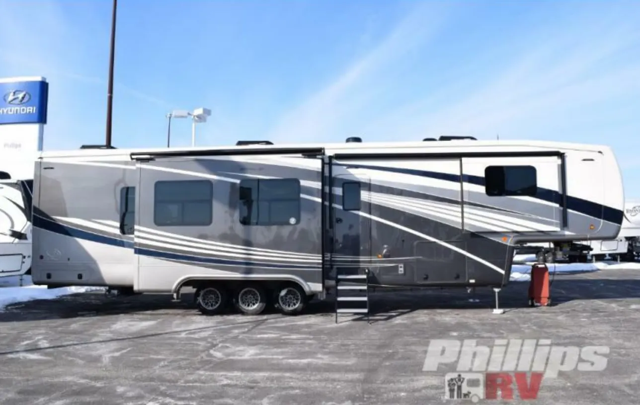 Side view of the New 2022 DRV Luxury Suites Mobile Suites 43 Atlanta Fifth Wheel RV.