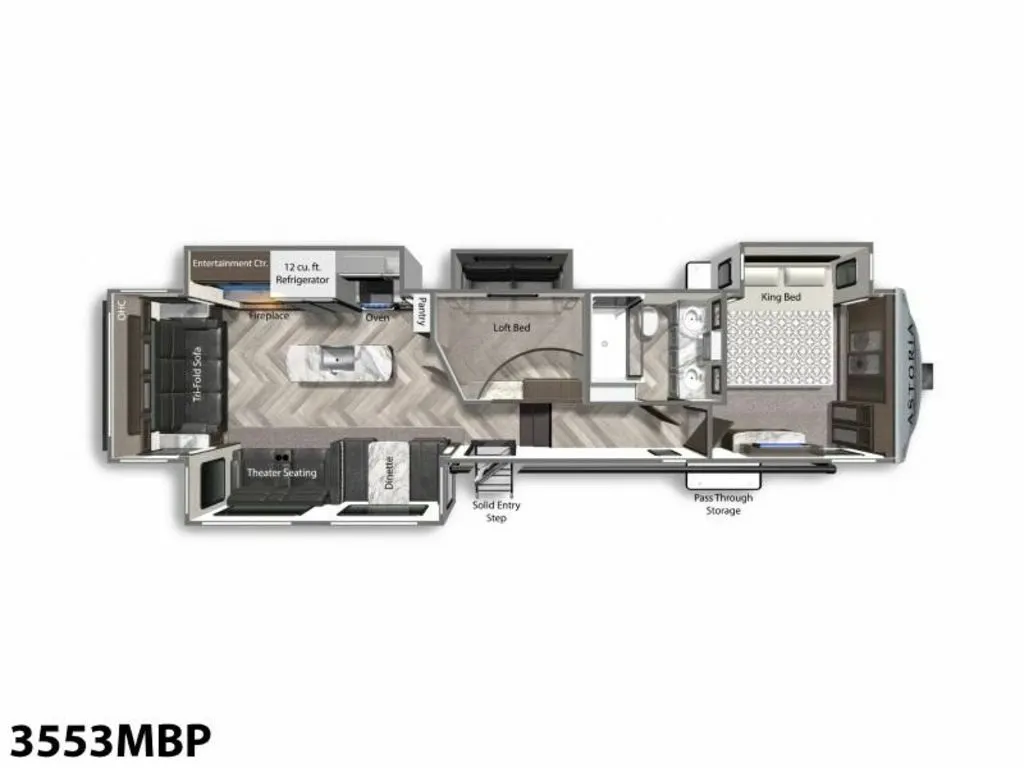 Floor plan of the RV with dinette, living area, kitchen, bathroom and bedroom.