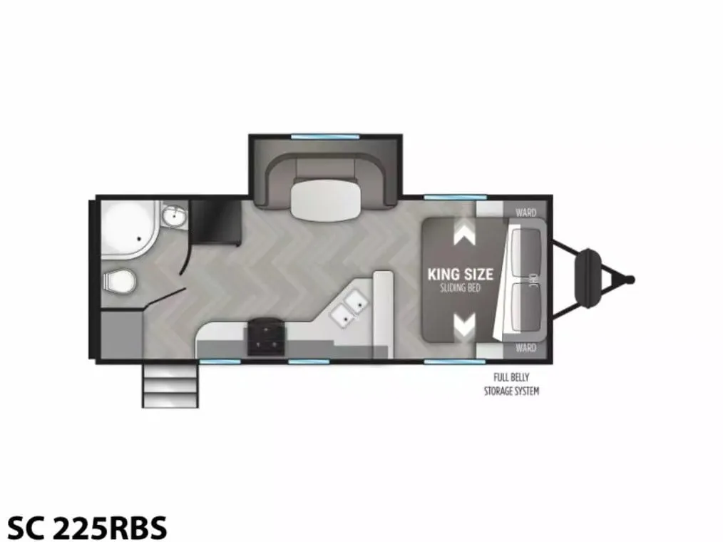 Floor plan of the RV with dinette, living area, kitchen, bathroom and bedroom.