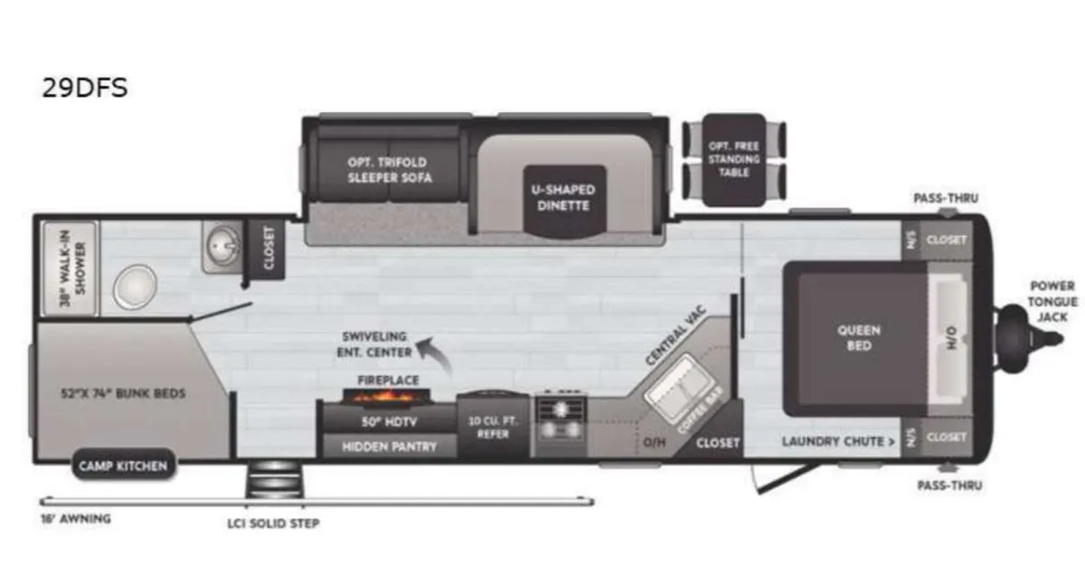 Floor plan of the RV with dinette, living area, kitchen, bathroom and bedroom.