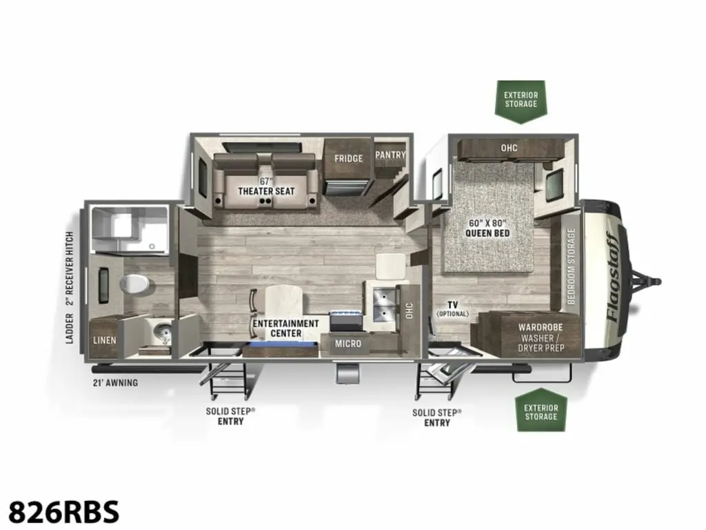 Floor plan of the RV with dinette, living area, kitchen, bathroom and bedroom.