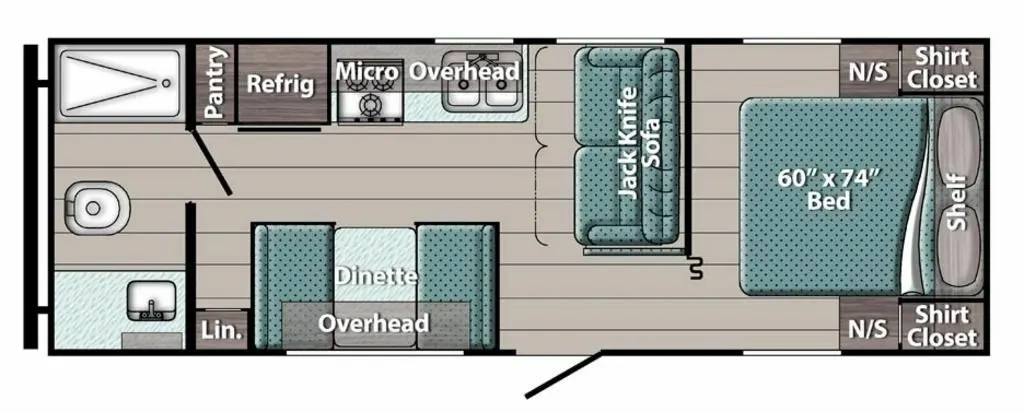 Floor plan of the RV with dinette, living area, kitchen, bathroom and bedroom.