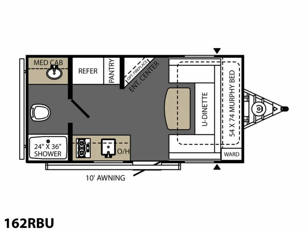 Floor plan of the RV with dinette, living area, kitchen, bathroom and bedroom.