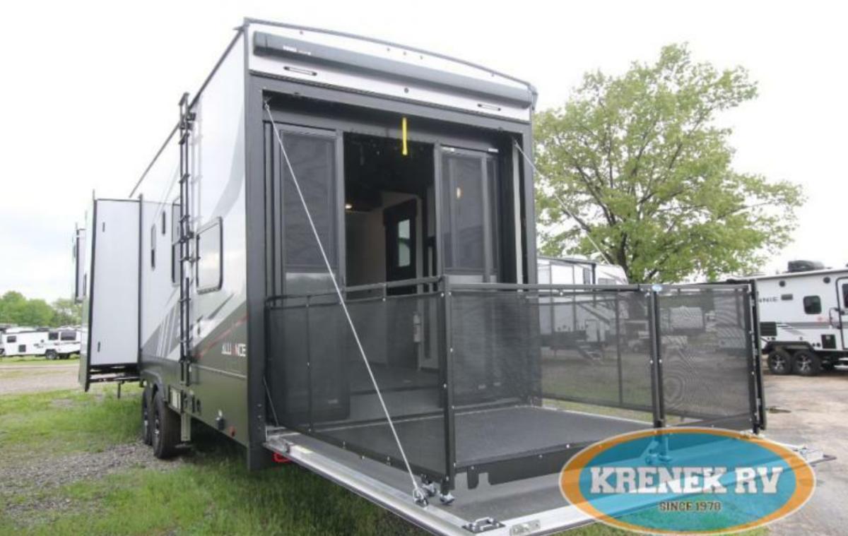 Rear view of the New 2022 Alliance Rv Valor 37V13 Fifth Wheel Toy Hauler RV.