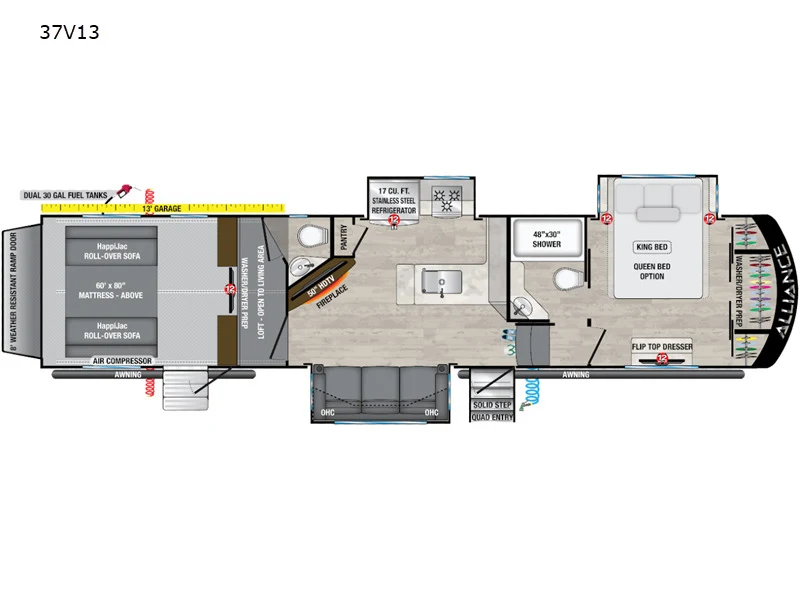 Floor plan of the RV with dinette, living area, kitchen, bathroom and bedroom.