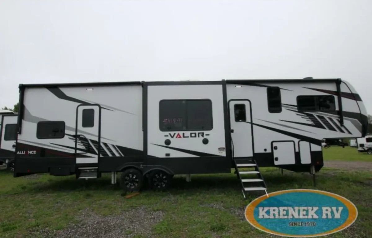 Side view of the New 2022 Alliance Rv Valor 37V13 Fifth Wheel Toy Hauler RV.