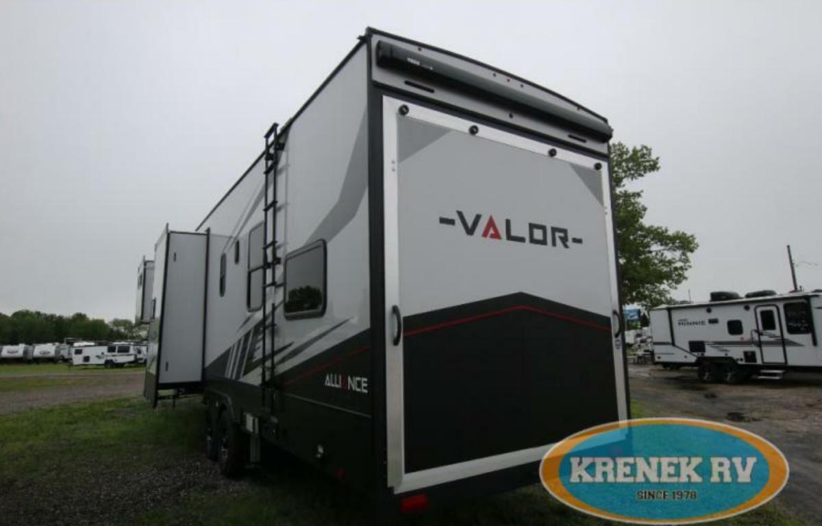 Rear view of the New 2022 Alliance Rv Valor 37V13 Fifth Wheel Toy Hauler RV.