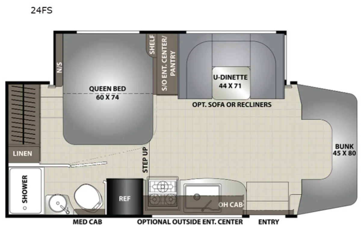 Floor plan of the RV with dinette, living area, kitchen, bathroom and bedroom.