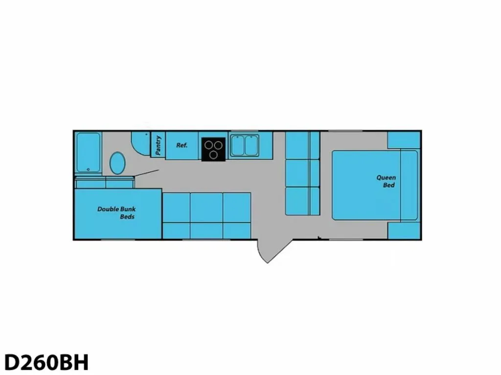 Floor plan of the RV with dinette, living area, kitchen, bathroom and bedroom.