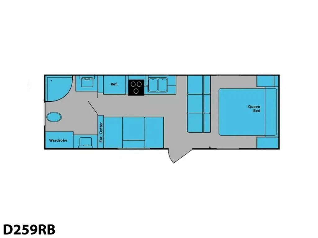 Floor plan of the RV with dinette, living area, kitchen, bathroom and bedroom.