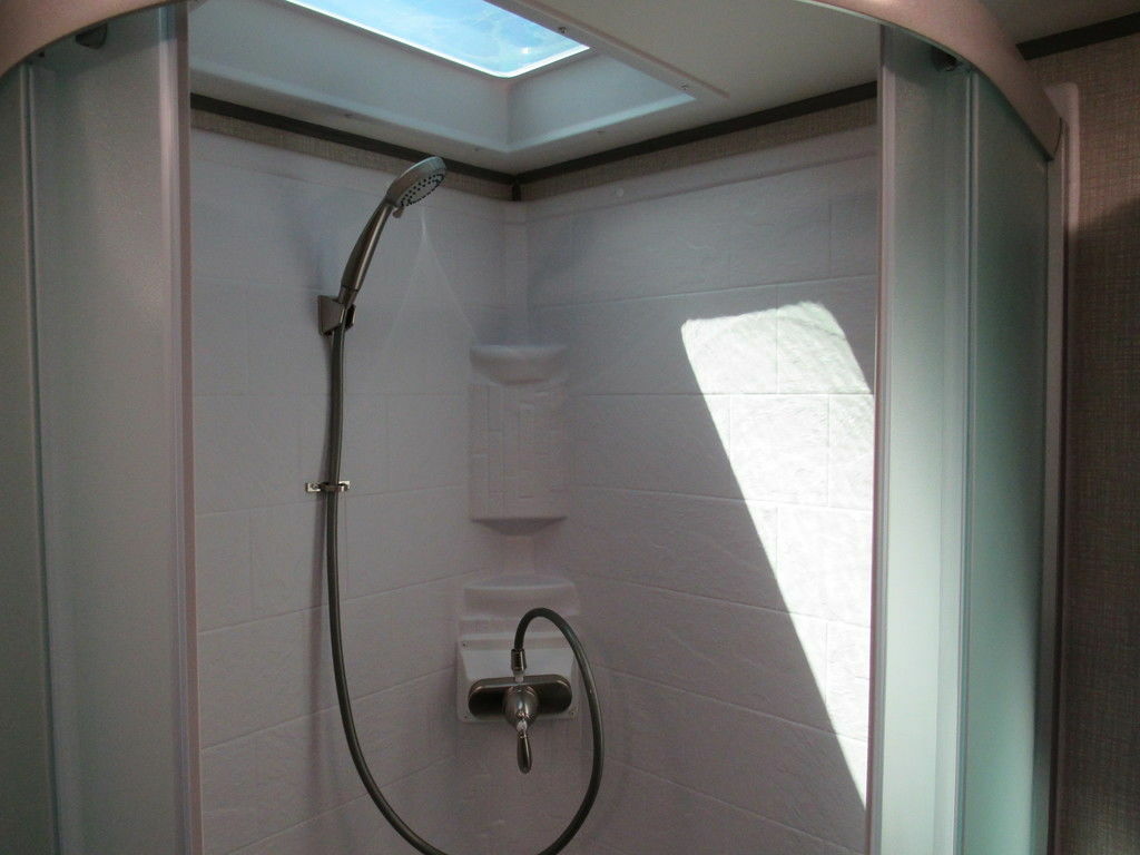 Walk-in shower with skylight.