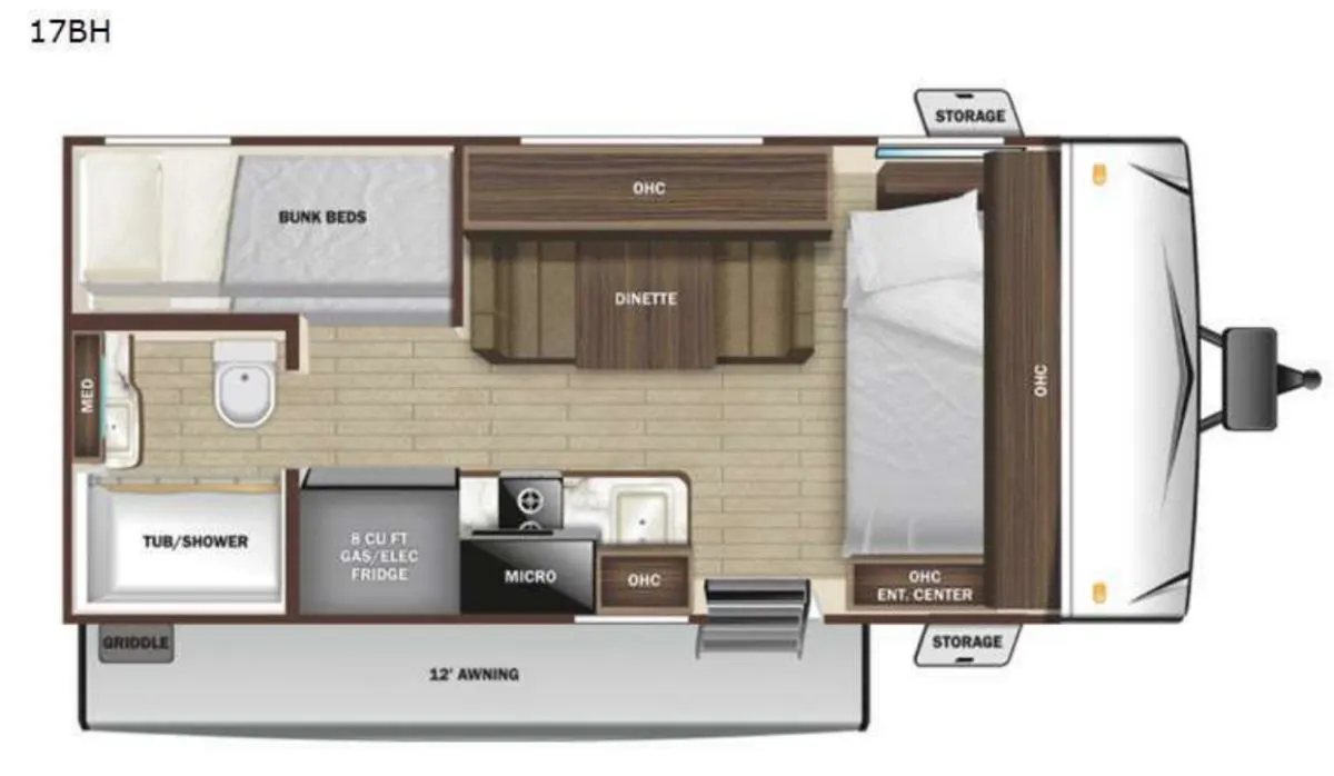 Floor plan of the RV with dinette, living area, kitchen, bathroom and bedroom.