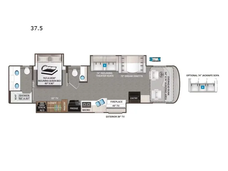 Floor plan of the RV with dinette, living area, kitchen, bathroom and bedroom.