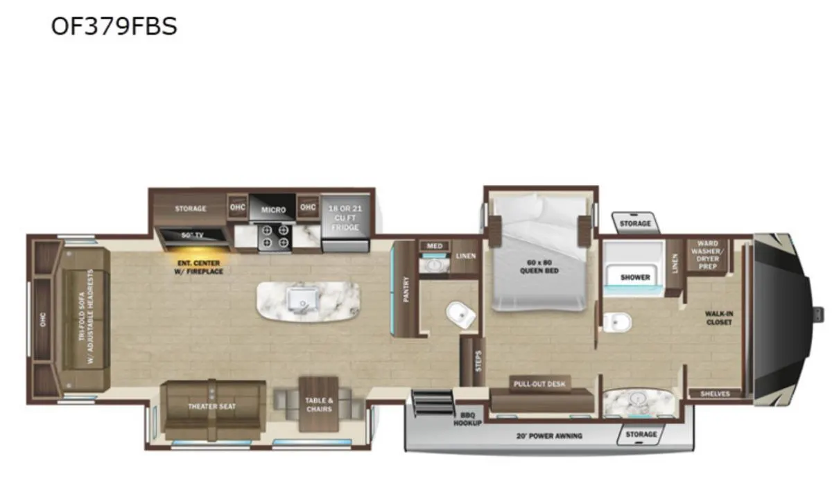 Floor plan of the RV with dinette, living area, kitchen, bathroom and bedroom.