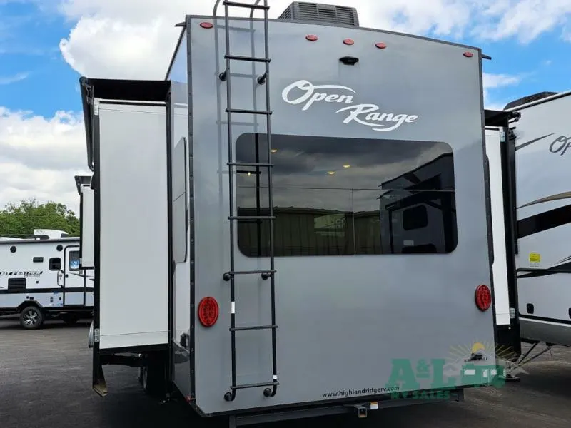 Rear view of the New 2022 Highland Ridge Rv Open Range OF379FBS Fifth Wheel RV.