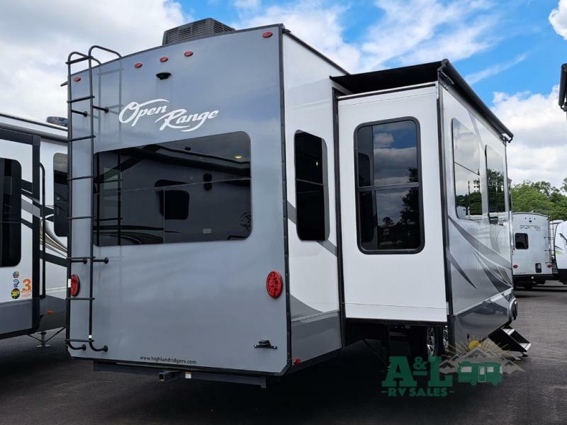 Rear view of the New 2022 Highland Ridge Rv Open Range OF379FBS Fifth Wheel RV.