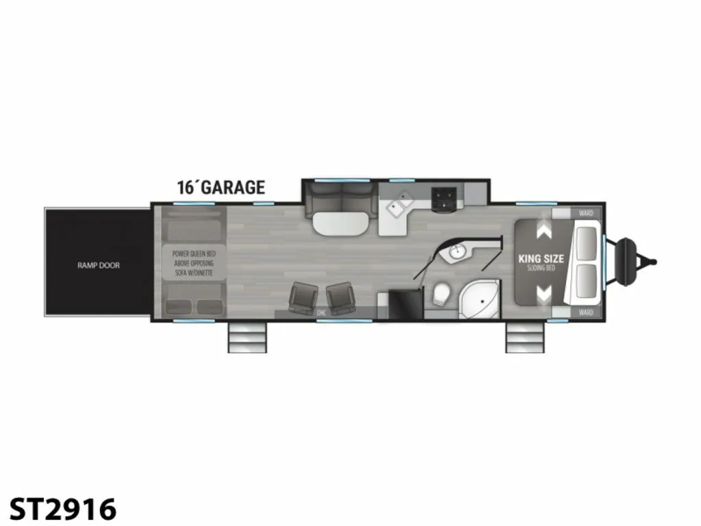 Floor plan of the RV with dinette, living area, kitchen, bathroom and bedroom.