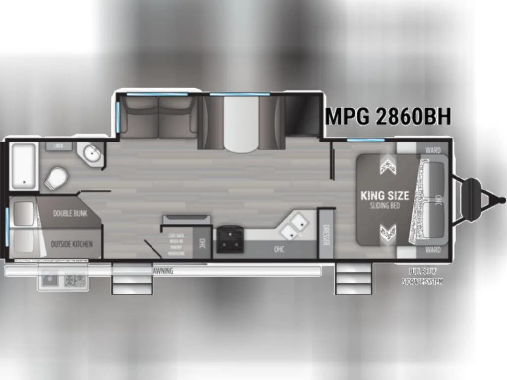 Floor plan of the RV with dinette, living area, kitchen, bathroom and bedroom.