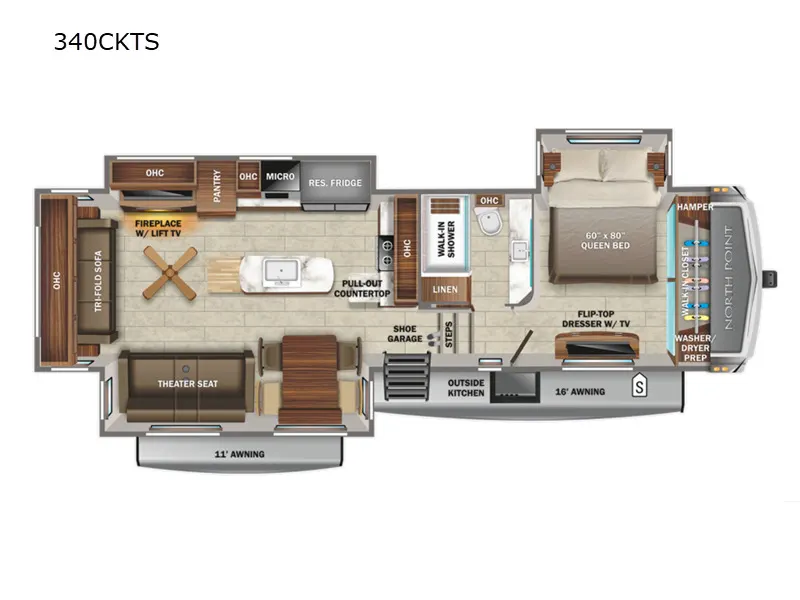 Floor plan of the RV with dinette, living area, kitchen, bathroom and bedroom.