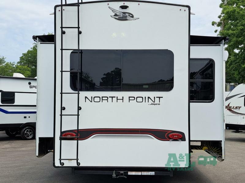 Rear view of the New 2022 Jayco North Point 340CKTS Fifth Wheel RV.