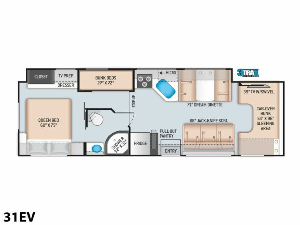 Floor plan of the RV with dinette, living area, kitchen, bathroom and bedroom.