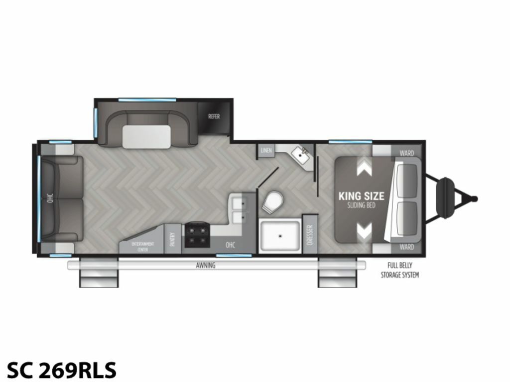 Floor plan of the RV with dinette, living area, kitchen, bathroom and bedroom.