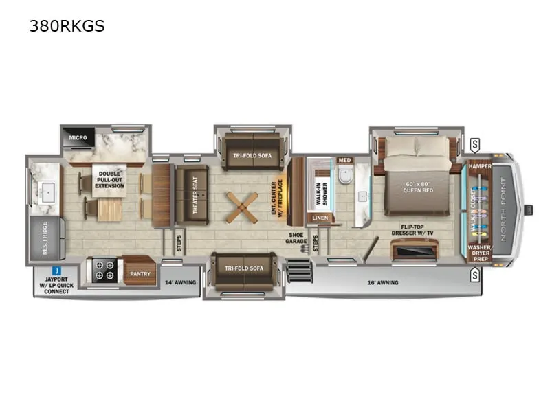 Floor plan of the RV with dinette, living area, kitchen, bathroom and bedroom.