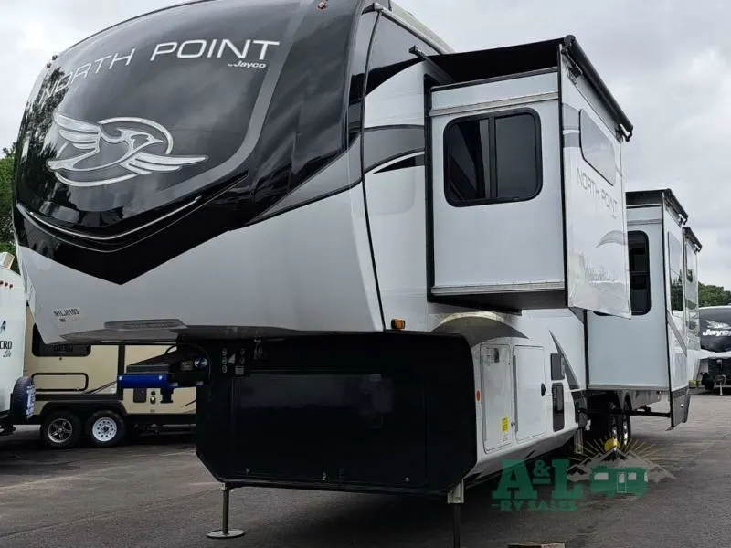 Front view of the New 2022 Jayco North Point 380RKGS Fifth Wheel RV.