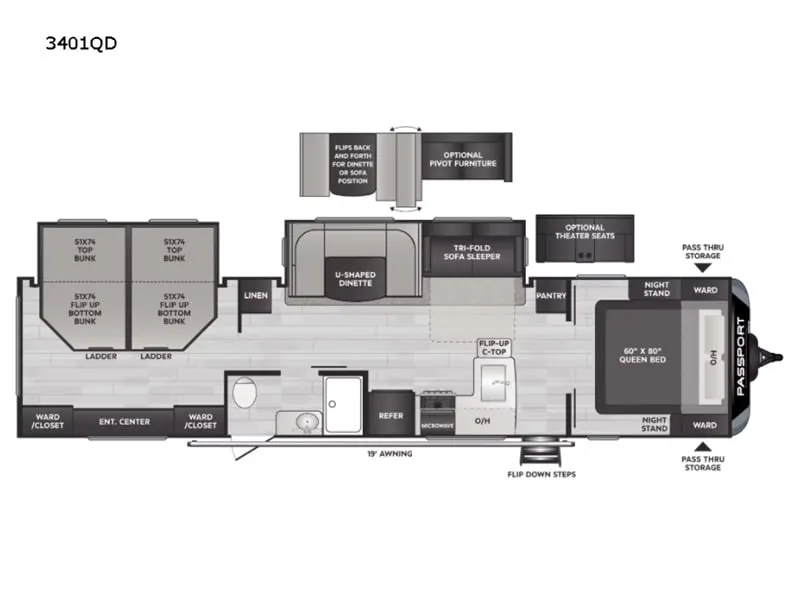 Floor plan of the RV with dinette, living area, kitchen, bathroom and bedroom.