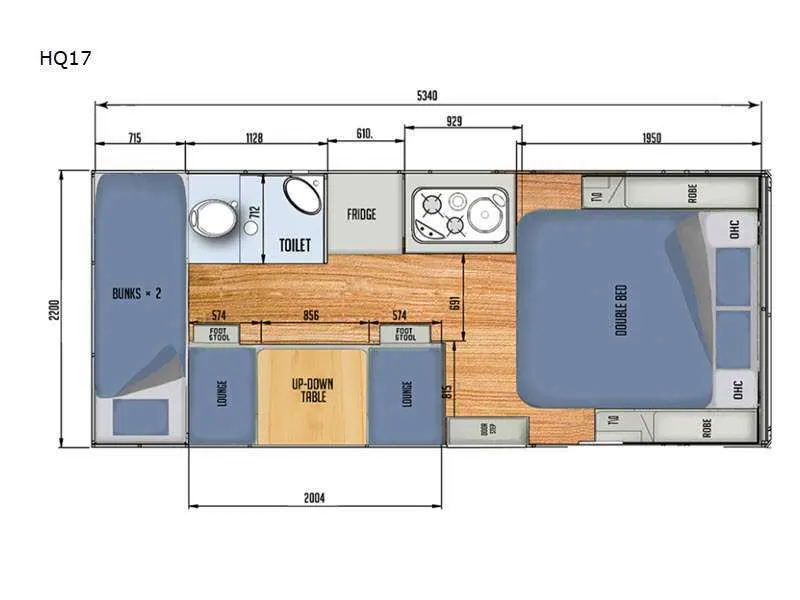 Floor plan of the RV with dinette, living area, kitchen, bathroom and bedroom.