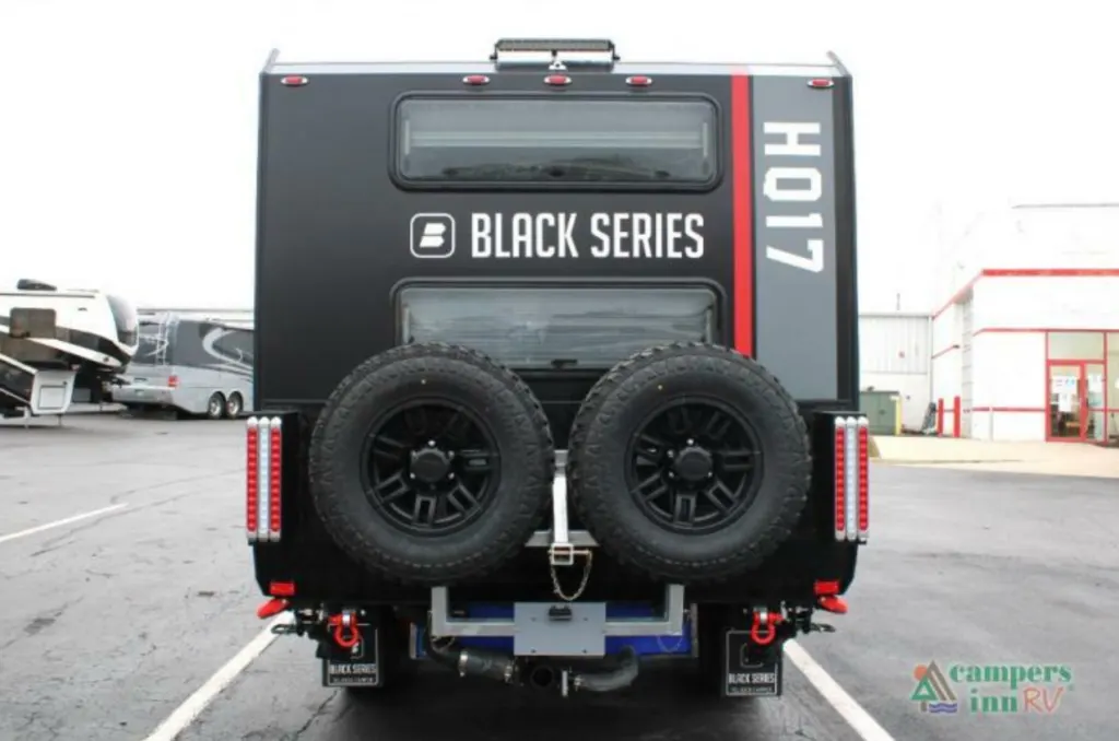 Rear view of the New 2022 Black Series Camper HQ17 Travel Trailer RV.