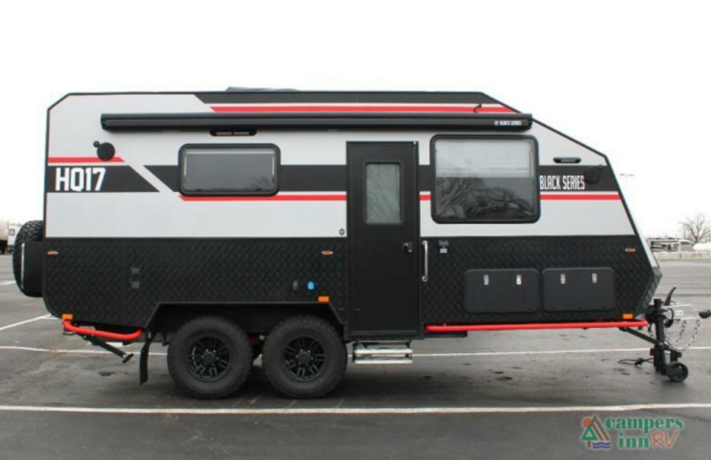 Side view of the New 2022 Black Series Camper HQ17 Travel Trailer RV.