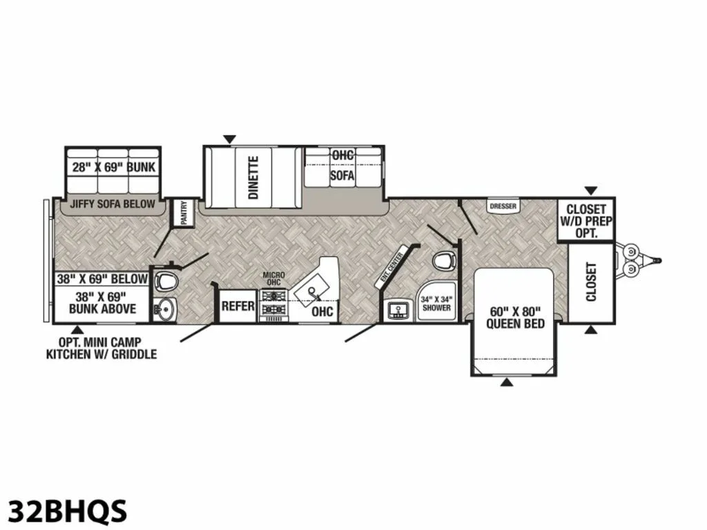 Floor plan of the RV with dinette, living area, kitchen, bathroom and bedroom.