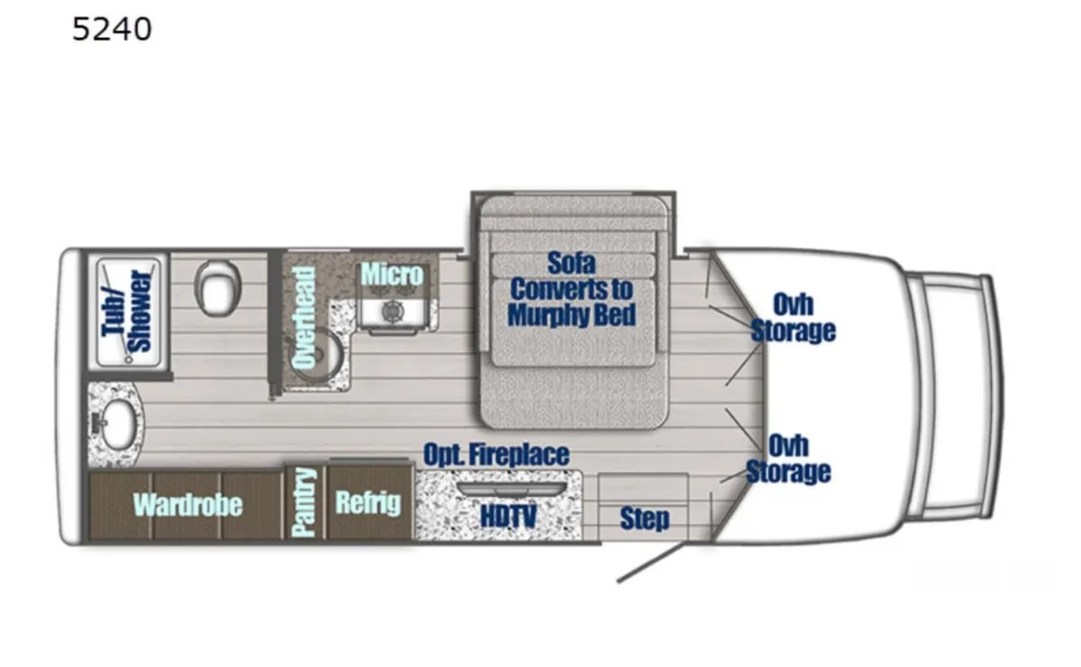 Floor plan of the RV with dinette, living area, kitchen, bathroom and bedroom.