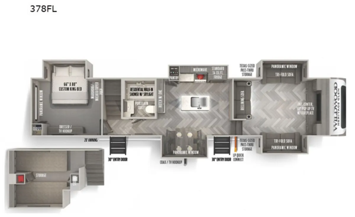 Floor plan of the RV with dinette, living area, kitchen, bathroom and bedroom.