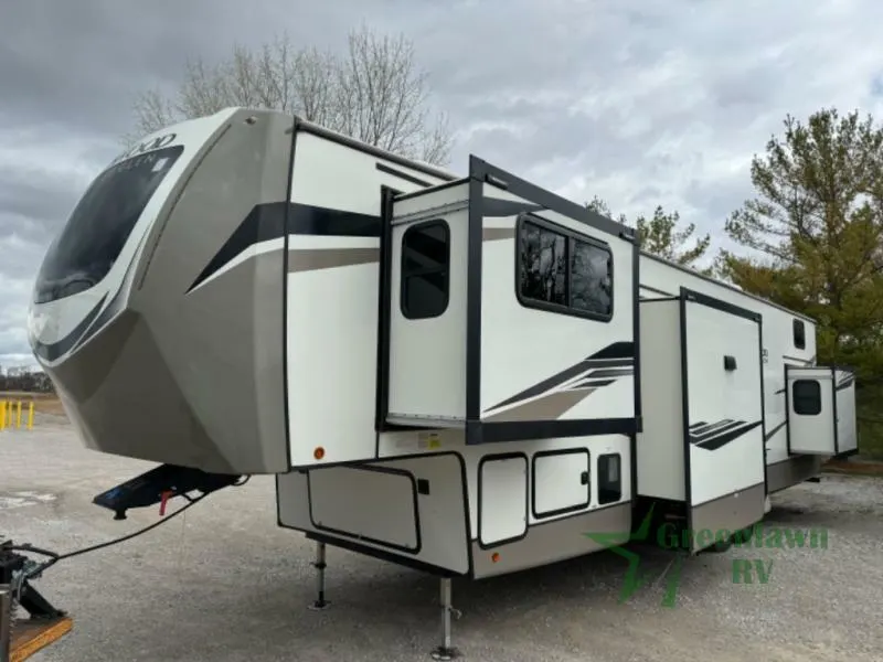 Side view of the New 2022 Forest River Rv Wildwood Heritage Glen 378FL Fifth Wheel RV.