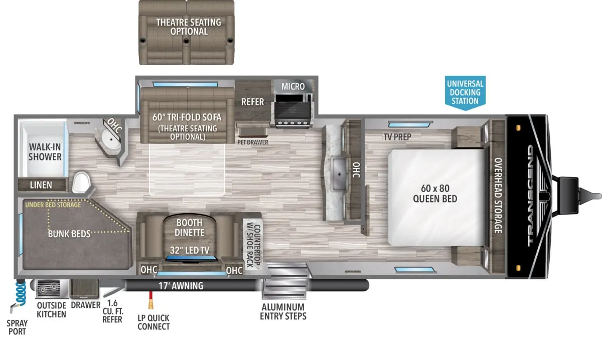 Floor plan of the RV with dinette, living area, kitchen, bathroom and bedroom.