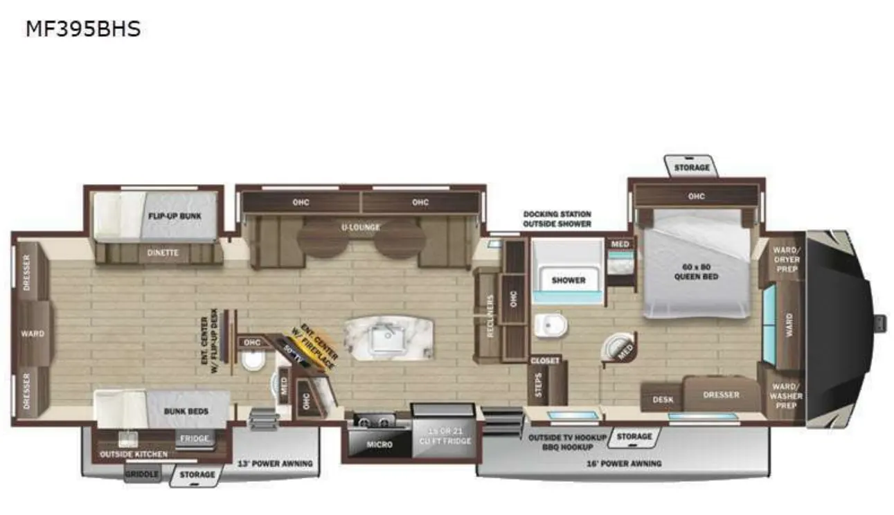 Floor plan of the RV with dinette, living area, kitchen, bathroom and bedroom.