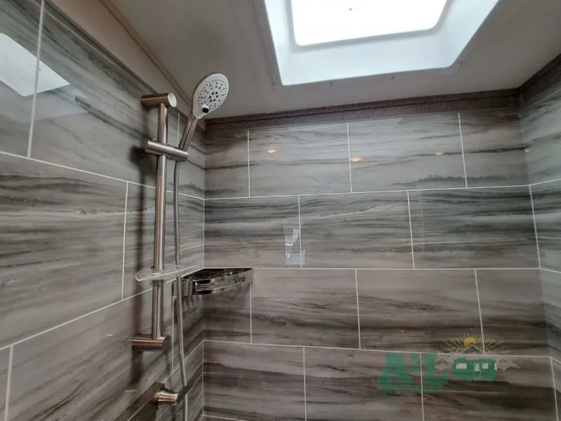 Bathroom with a walk-in shower and skylight.