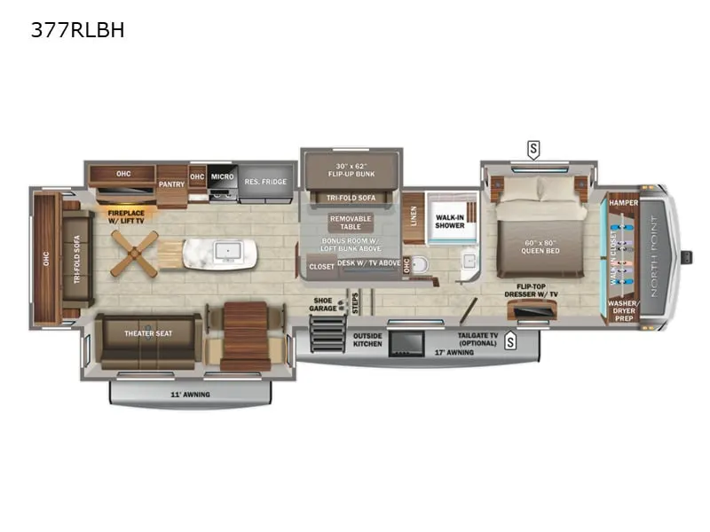 Floor plan of the RV with dinette, living area, kitchen, bathroom and bedroom.