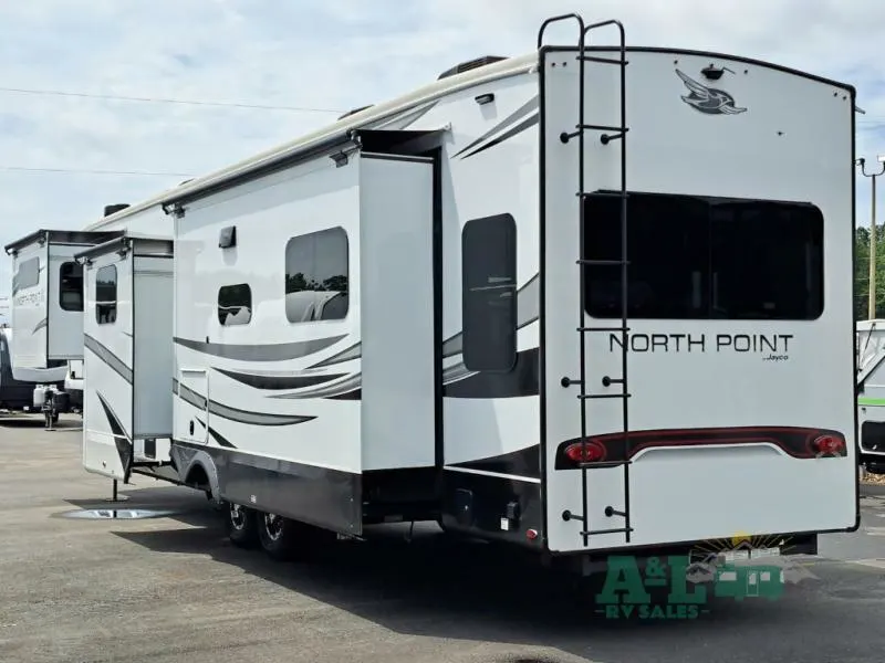 Rear view of the New 2022 Jayco North Point 377RLBH Fifth Wheel RV.